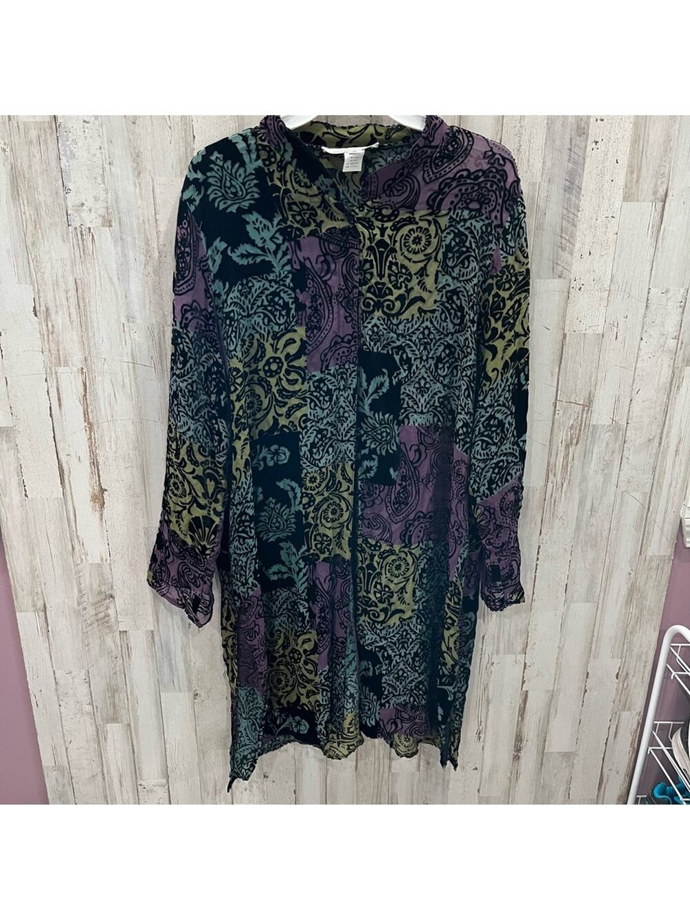 Vintage Caroline Rose Silk Sheer Velvet Duster Tunic Artsy Top Womens XL